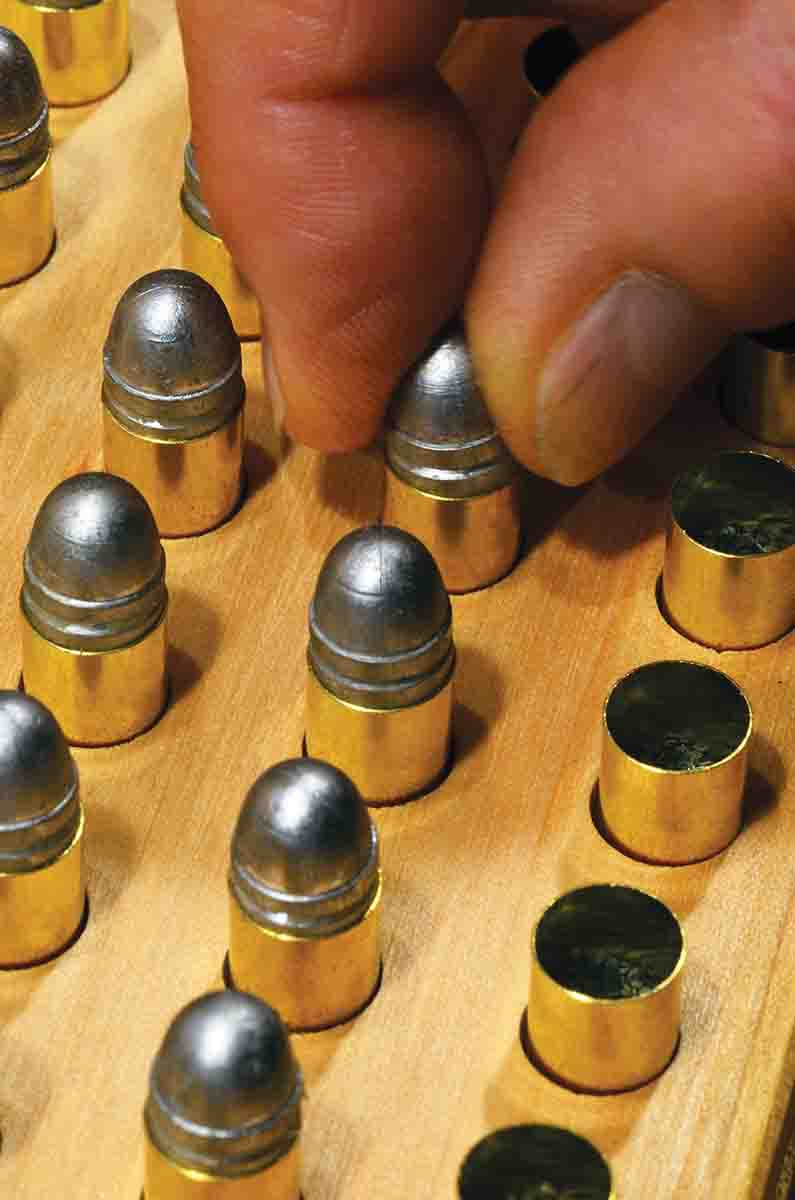 It is important to bell cases, but just barely enough for the bullets to seat. This allows the case to grip the bullet without the need for a crimp – important with a cartridge that headspaces on the case mouth.